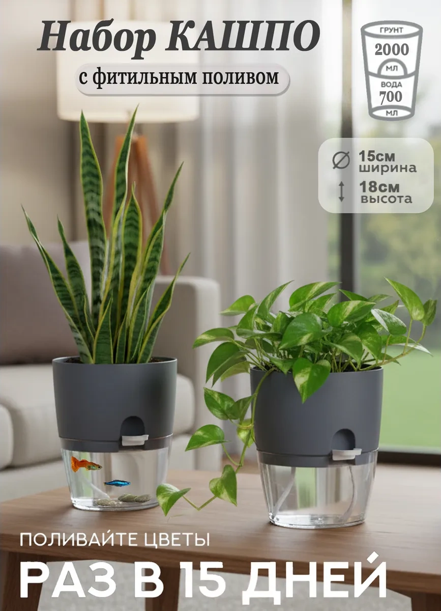 Resim Saburg Fitilli Sulu Saksı Seti 2 Adet 2 Litre Gri 331718490 