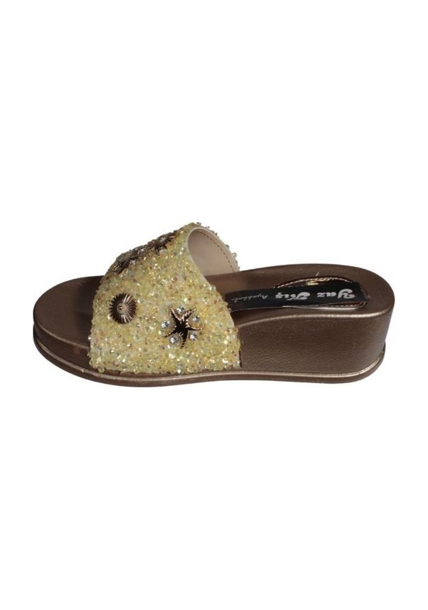 Resim Yazkış Kadın Siyah Platin Altın 5cm Dolgu Topuk Üzeri Deniz Kabuğu Sim Desenli Terlik 001 