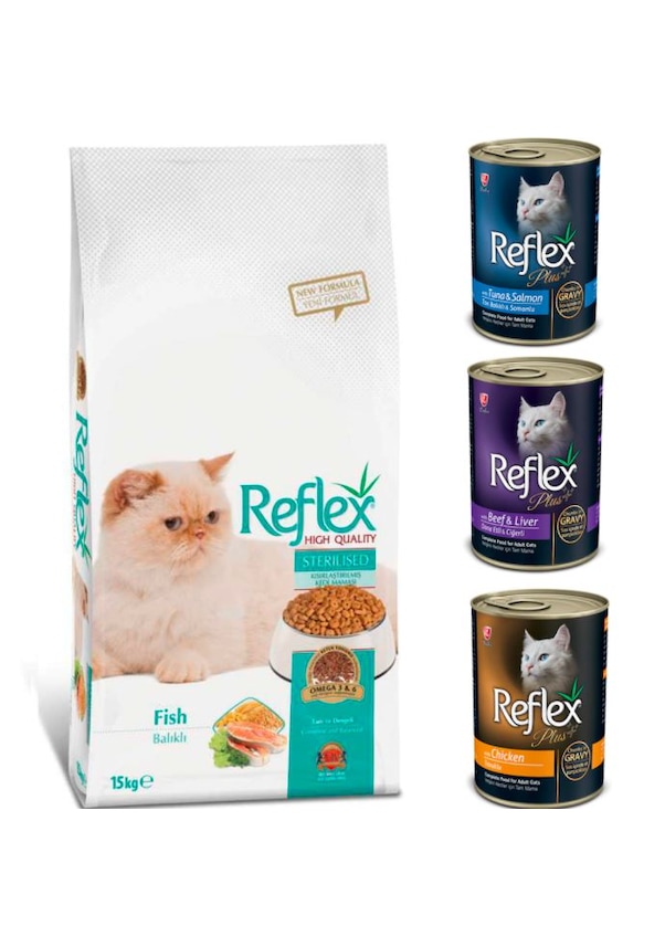 Reflex Balıklı Kısırlaştırılmış Kedi Maması 15 KG + Reflex Plus Konserve Yetişkin Kedi Maması 3 x 400 G
