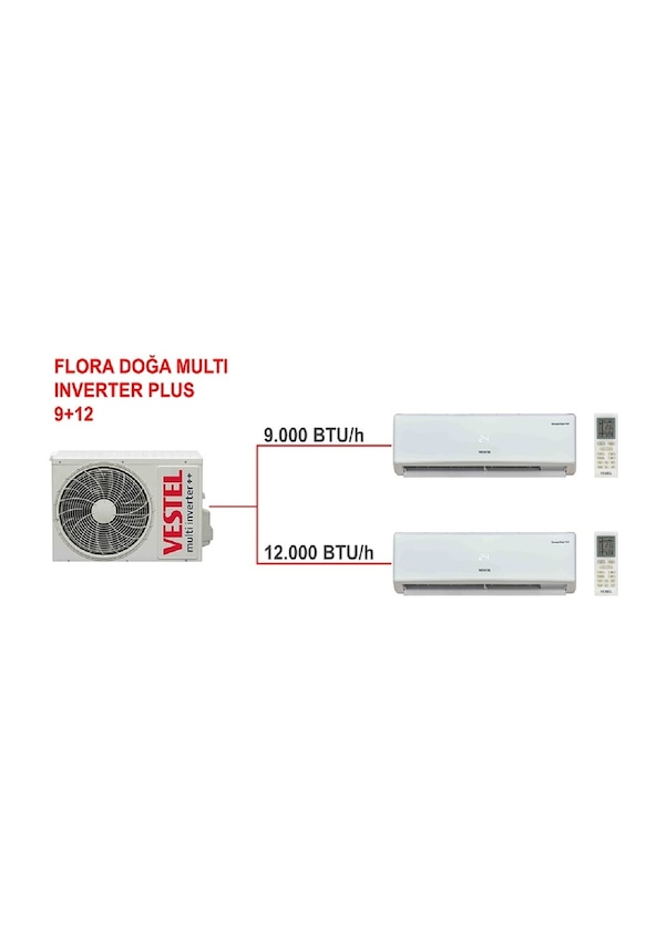 Resim Vestel Flora Doğa 1 Dış + 2 İç Ünite (9+12) Duvar Tipi Multi Inverter Plus Klima 