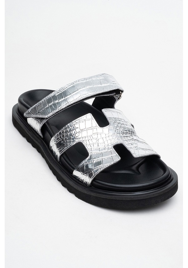 Resim Luvi Shoes Loana Gümüş Baskı Hakiki Deri Kadın Terlik Gümüş 