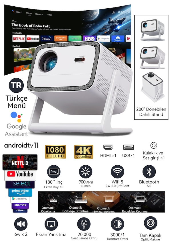 Wanbo Vali 1 Projeksiyon Cihazı 900 ANSI Lümen Android TV Dahili Stand