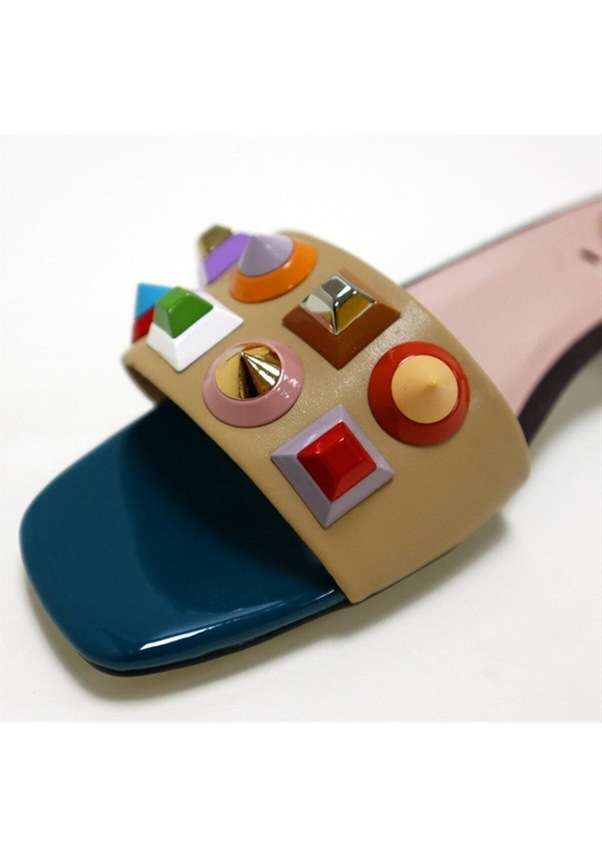 Resim Taş Detaylı Kadın Terlik Fendi 8r6507-86 Koyu Turkuaz 