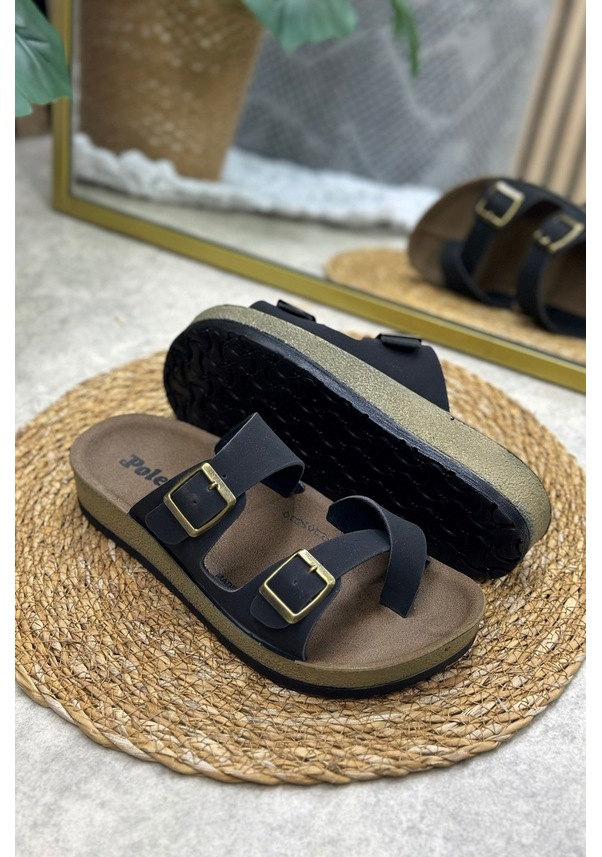 Resim Günlük Kadın Terlik Tek Parmak Arası Rahat Mantar Taban Tokalı Ayarlanabilir Sandalet 147 - 34162 Siyah-siyah 
