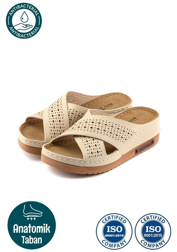 Resim Kadın Ortopedik Yumuşak Tabanlı Terletmeyen Çift Bantlı Hasır Tipi Delikli Rahat Anne Ev İçi Terliği Bej 