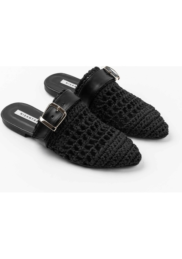 Resim Best Siyah Örgü Kemer Detay Düz Taban Kadın Terlik Siyah 