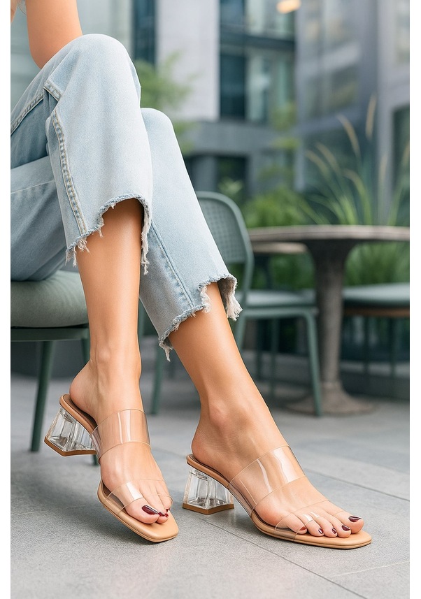 Resim Nstil Günlük Kadın Terlik Çift Şeffaff Şeritli Bantlı Kalın Şeffaf Topuklu Abiye Ayakkabı 105 Bej 