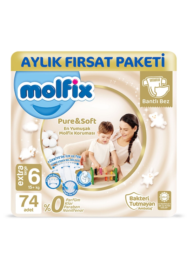 Molfix Pure&Soft Bebek Bezi 6 Numara XLarge Aylık Fırsat Paketi 74 Adet