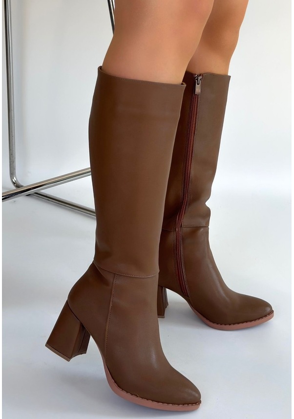 Resim Düz Yandan Fermuarlı Diz Altı Çizme Bej Topuk Boyu 7 Cm Vizon 