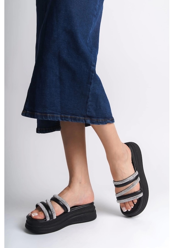 Resim Elıse Düz Topuklu Şeritli Taşlı Kalın Ve Ortopedik Taban Kadın Terlik St Siyah Siyah 