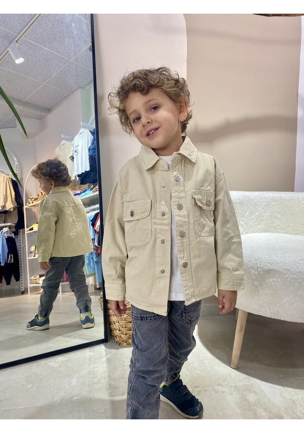 Resim Çocuk Denim Ceket Düğmeli, Rahat Kesim, Bej Bej 