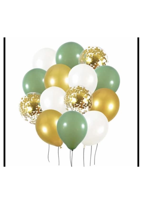 Beysüs Küf Yeşili Metalik Gold Beyaz Gold Konfetili Şeffaf Balon Seti 20 Adet