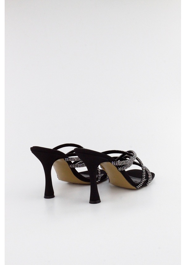 Resim Siyah Mat Saten Taşlı Kadın Topuklu Terlik 