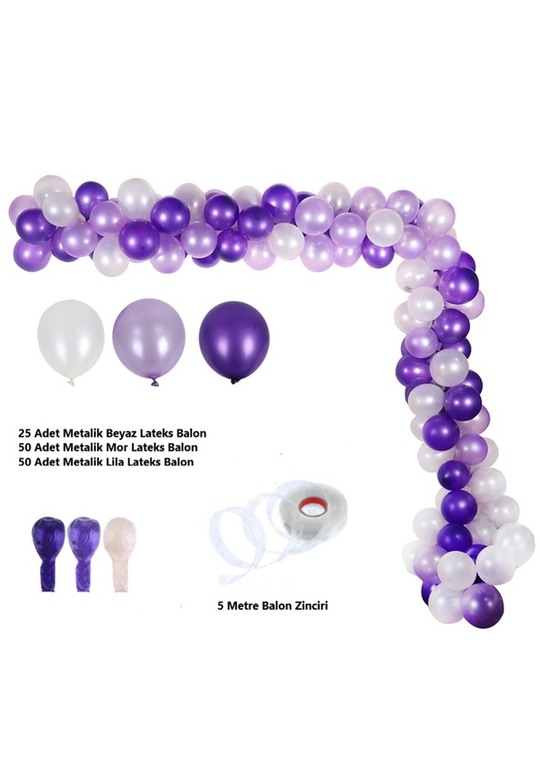 125 Adet Mor Lila Beyaz Metalik Balon Kombin Balon Zinciri Seti