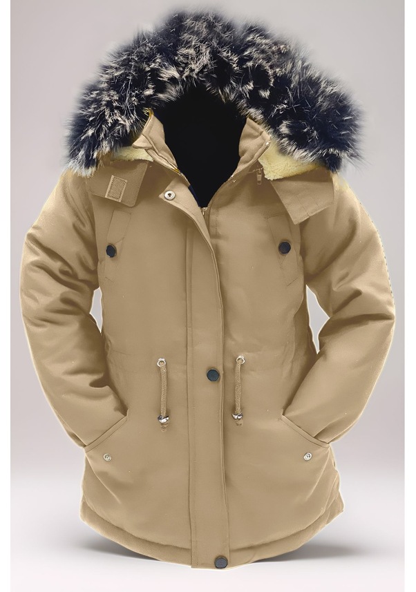Resim Unisex Kız/erkek Çocuk Kışlık Kanvas Kumaş Büzmeli Diz Üstü Içi Kürk Kapüşonlu Kaban Mont-mnt-0005 Bej 