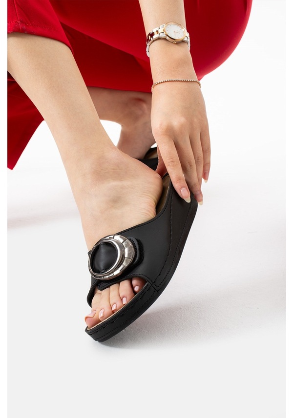 Resim Albishoes Sahra Kadın Tokalı Yumuşak Hafif Rahat Taban Günlük Dışarı Ev Terlik Anatomik Kadın Terlik Siyah 