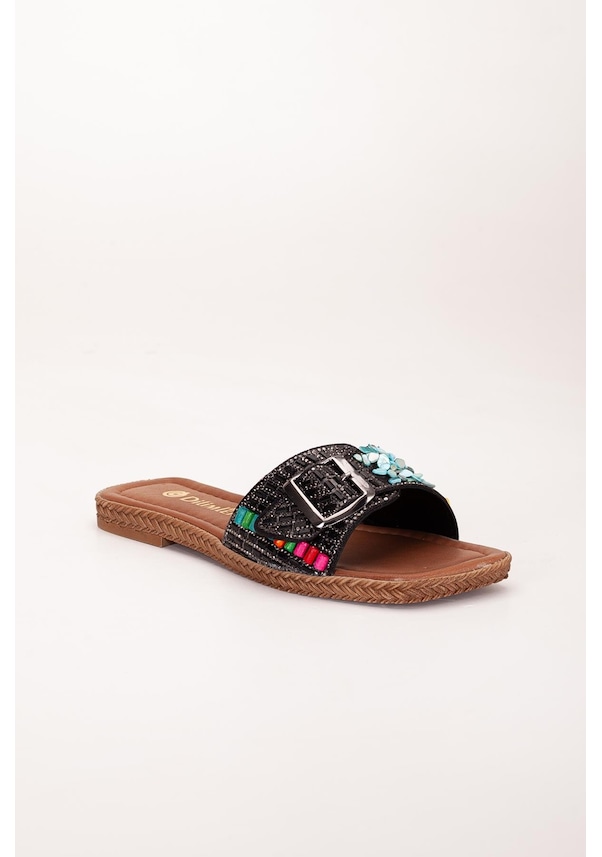 Resim Kadın Düz Topuklu Terlik Siyah Kalın Tek Bantlı Taşlı-4098 Siyah 