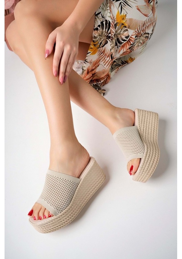 Resim Bulutmod Ba04467 Ten Kadın Delikli Triko Günlük Hasır Dolgu Topuklu Terlik Ten 