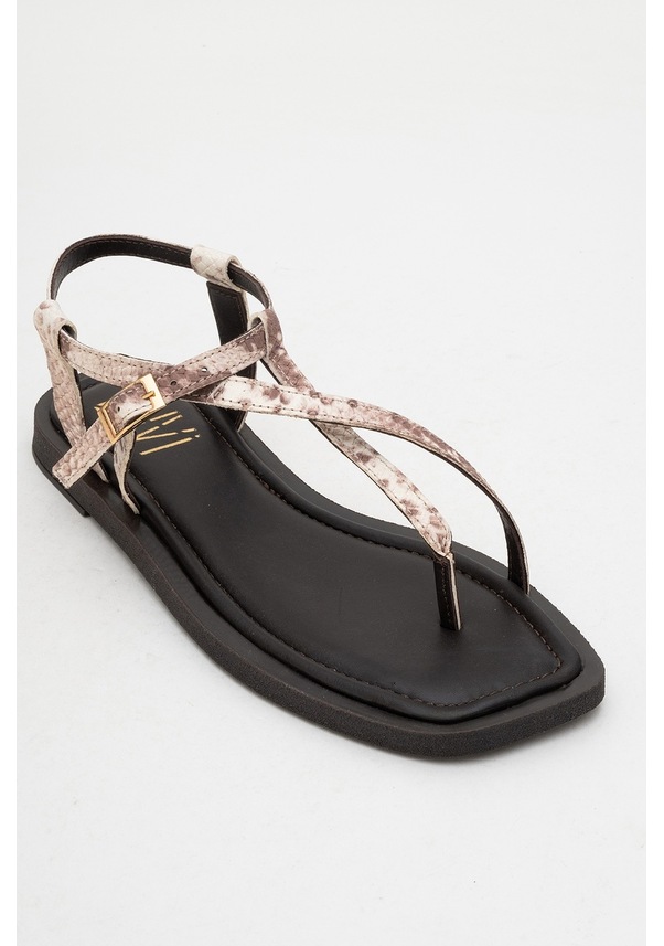 Resim Luvi Shoes Jamie Kahverengi Bej Desenli Hakiki Deri Kadın Parmak Arası Sandalet Bej - Kahverengi 