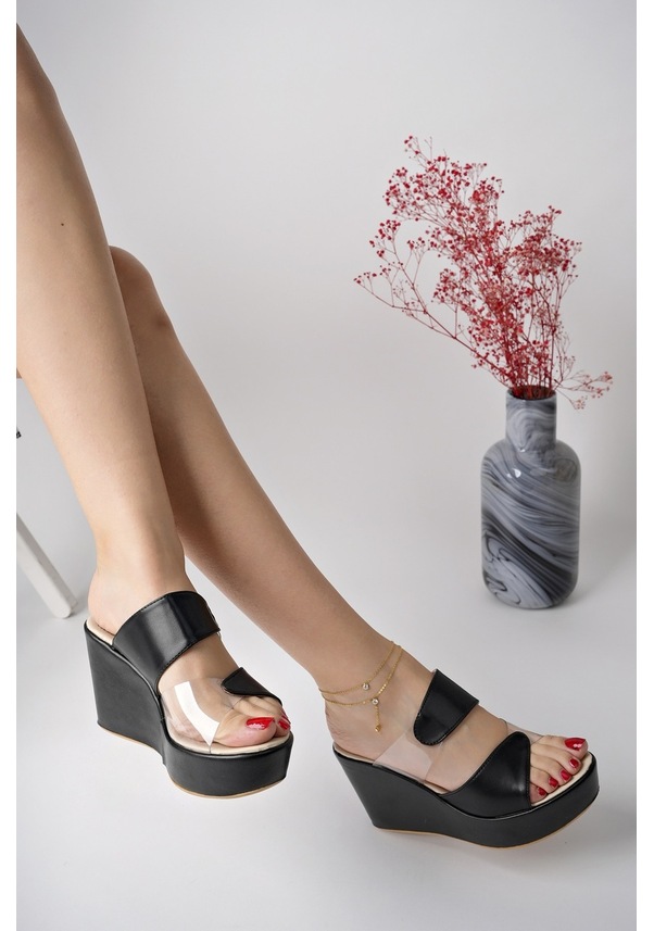 Resim Bulutmod Kadın Yan Şeffaf Günlük Abiyelik Dolgu Topuklu Terli Siyah Beyaz 