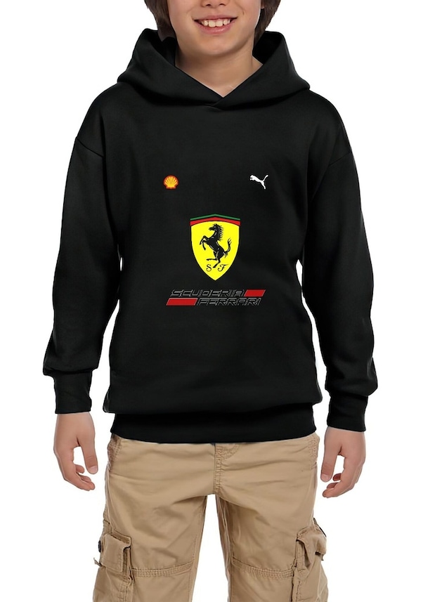 F1 Ferrari Siyah Çocuk Kapşonlu Sweatshirt
