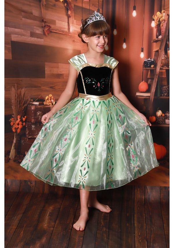 Kız Çocuk Prenses Anna Kostümü Etekleri Pileli Taç Hediyeli