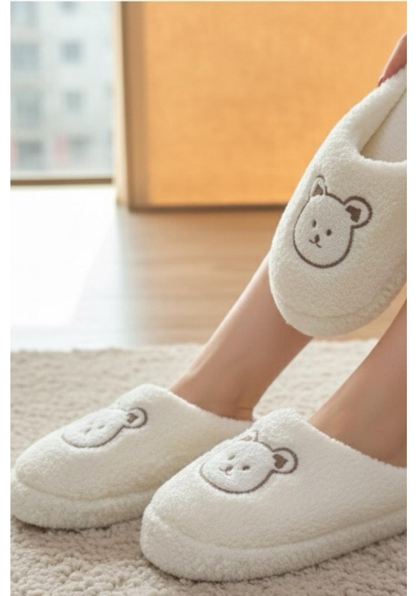Resim Ft 103 Panda Nakışlı Kadın Ev Terliği Peluş Terlik Çeyiz Ve Bohça Terliği Ses Yapmaz Kalın Taban Beyaz 