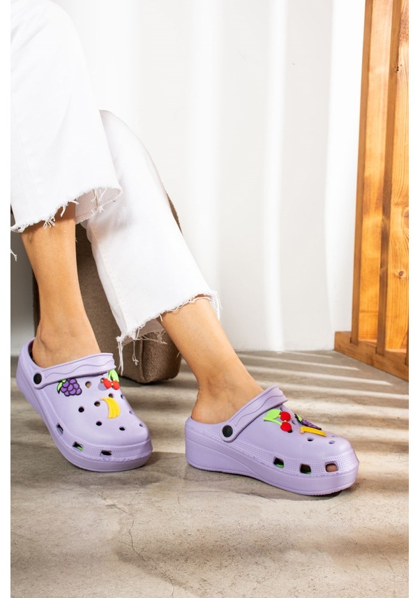 Resim Novelido Yüksek Taban Siyah - Beyaz - Pembe Kadın Sabo Terlik Masaj Tabanlı Hafif Meyveli 251 Lila 