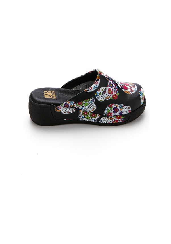 Resim Drmoon Kuru Kafa Desenli Dolgu Taban Hakiki Deri Kadın Sabo Terlik Siyah 