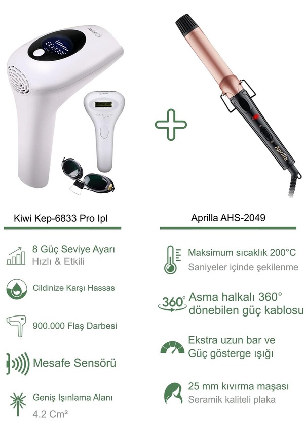 Kiwi Kep6833 Pro Ipl Lazer Epilasyon + Aprilla Ahs2049 Seramik Plaka 25 Mm Saç Maşası