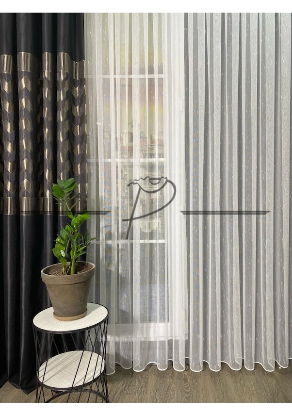 Resim Tül Perde Mimoza Desen Düz Etek Kurşun Sarım Ekru 