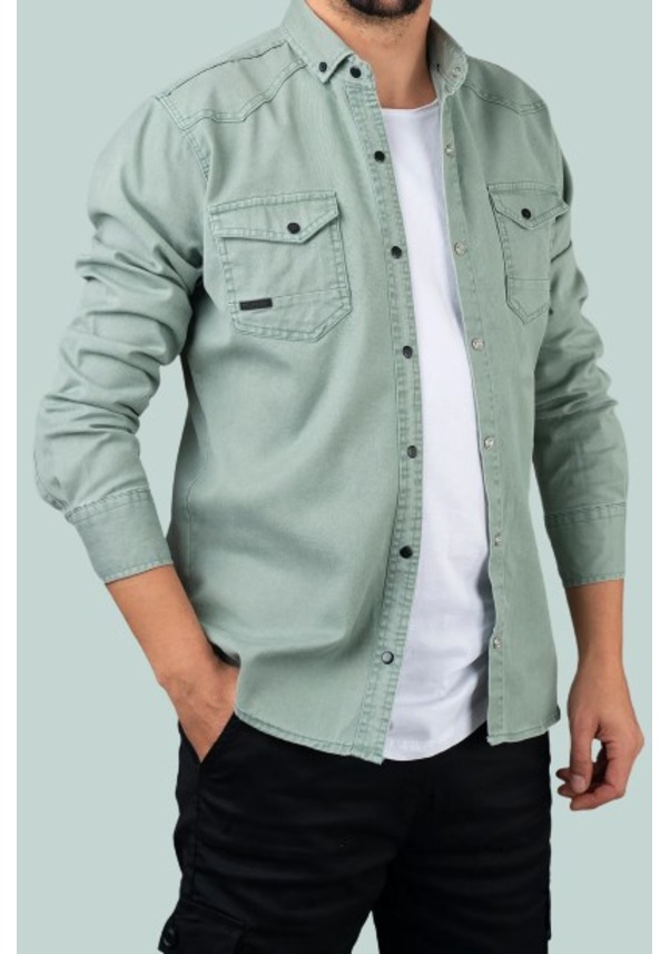 Slim Fit Dar Kesim Cepli Erkek Gömlek Su Yeşili
