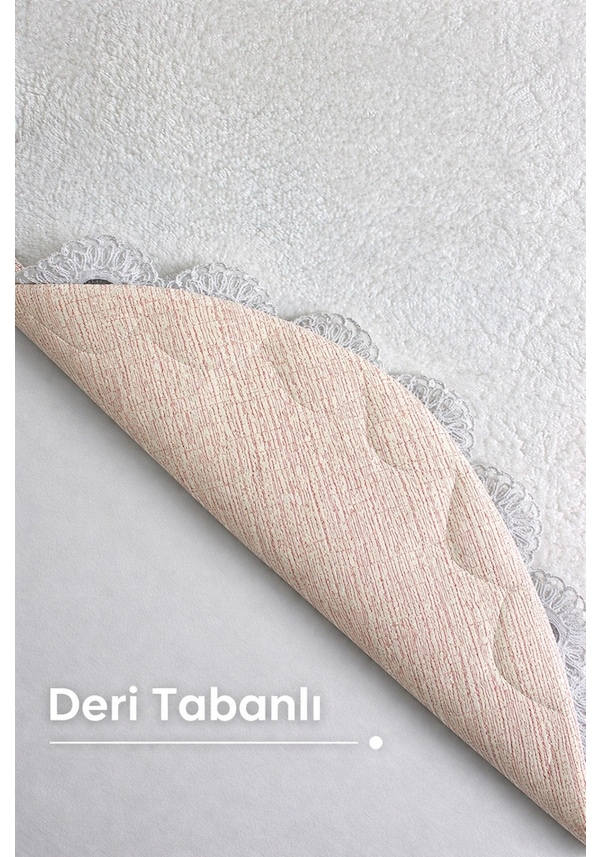 Resim Gülruba Oval Beyaz Çeyizlik Dantelli 2'li Banyo Paspası Seti Kaymaz Tabanlı Klozet Takımı Beyaz 