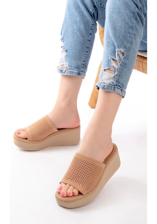 Resim 232-460 Nut Triko Günlük Ortopedik Dolgu Topuk Kadın Terlik Bej 