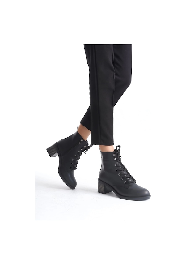 Resim Lena Bağcıklı Fermuarlı Ortopedik Taban Topuklu Kadın Bot Cst - Siyah Siyah 