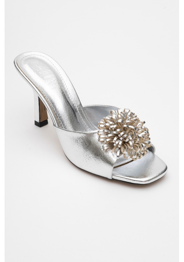 Resim Luvi Shoes Shana Gümüş Çiçekli Kadın İnce Topuklu Terlik Gümüş 