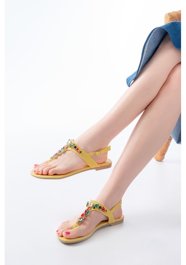 Resim 152-1110 Sarı Multi Taşlı Parmak Arası Kadın Sandalet Altın - Taba 