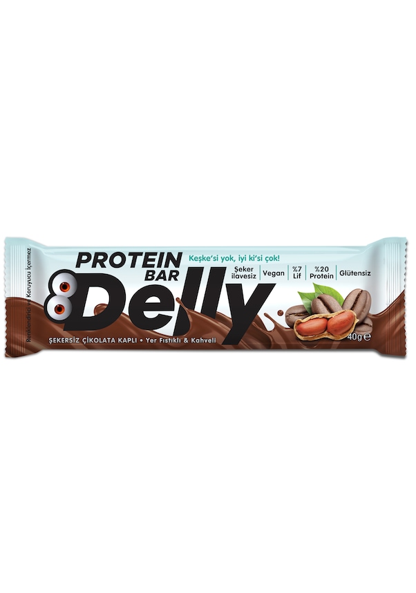 Delly Şekersiz Çikolata Kaplı - Yer Fıstıklı & Kahveli Protein Bar