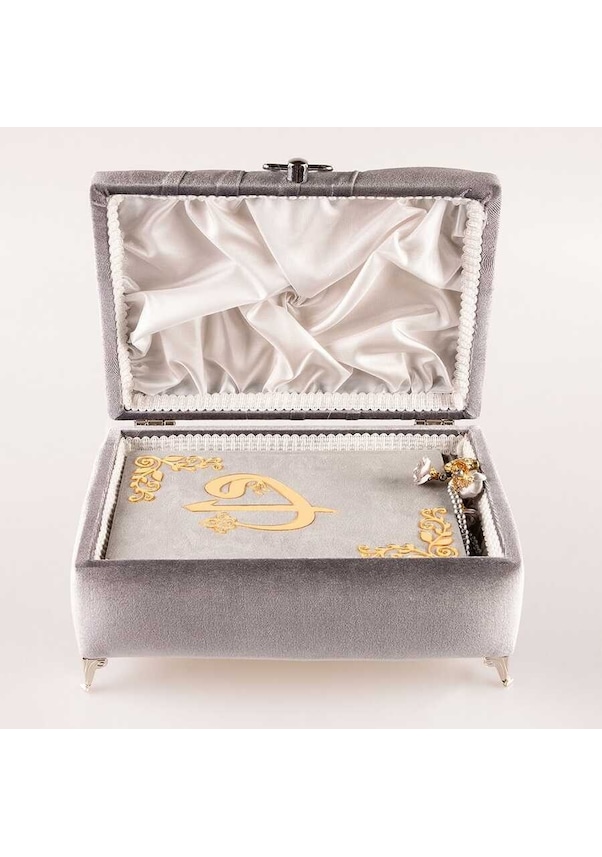 Resim Çizgili Kutu Çeyizlik, Seccade + Tesbih + Kuran Hediye Seti Çanta Boy, Kadife, Gri, Elif-vav 