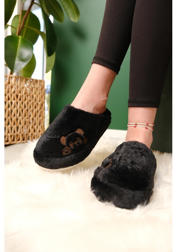 Resim Panda Nakışlı Kadın Ev Terliği Peluş Terlik Çeyiz Ve Bohça Terliği Ses Yapmaz Kalın Taban Siyah 