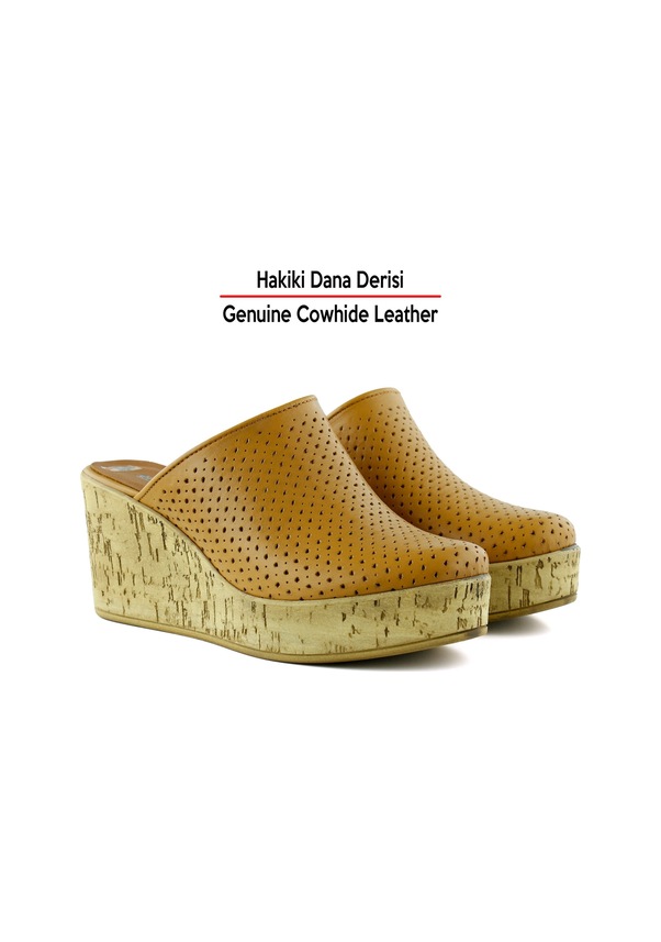 Resim Erkan Saçmacı Aria Taba Hakiki Dana Derisi Önü Kapalı Mantar Taban Görünümlü Dolgu Topuklu Terlik Taba 