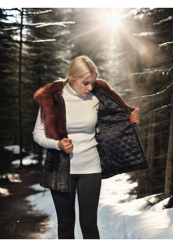 Resim Kadın Kolsuz Hakiki Kürk - Siyah Bordo 