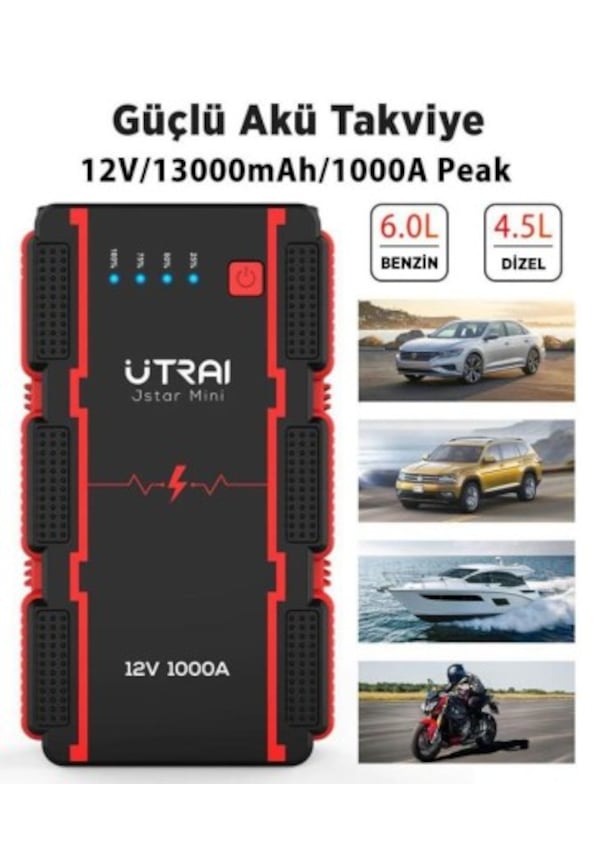 UTRAI Jstar Mini 13000mAh 1000A Jump Starter Taşınabilir Akü Takviye Cihazı ( Powerbank + Led Lamba) IV9858