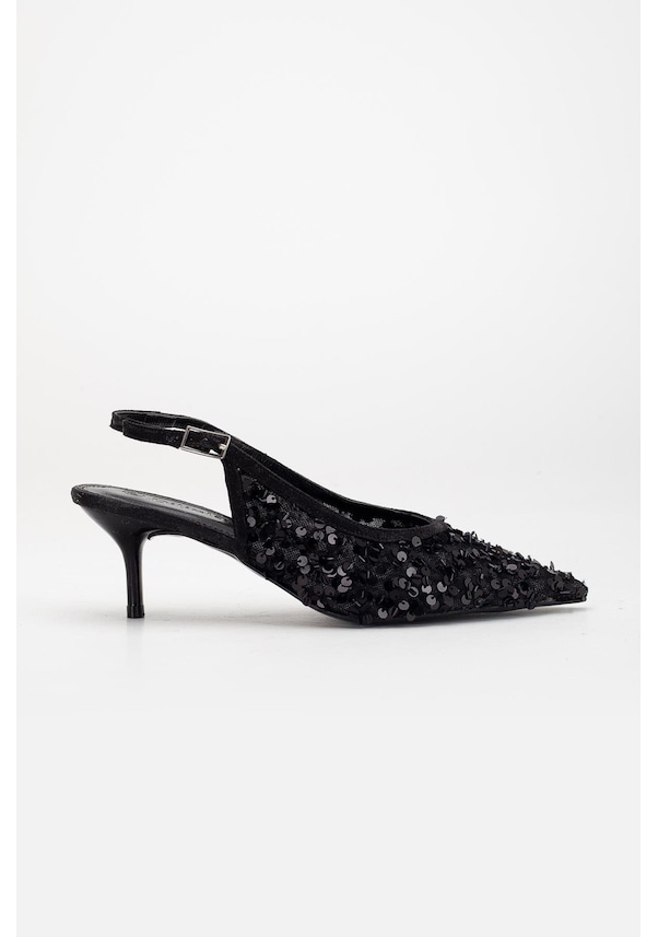 Resim Kadın Kısa Topuklu Abiye Ayakkabı Siyah Pullu File Topuk Açık-3634 Siyah 