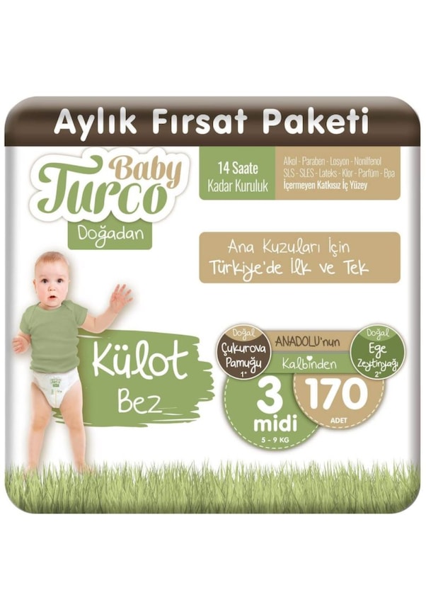Baby Turco Doğadan Külot Bez 3 Numara Midi Aylık Fırsat Paket 170 Adet