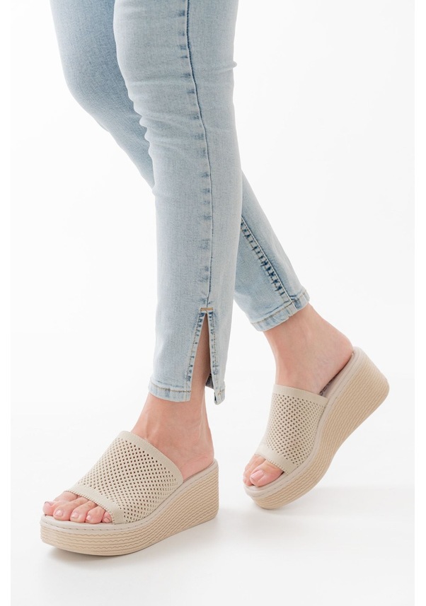 Resim 232-460 Bej Triko Günlük Ortopedik Dolgu Topuk Kadın Terlik Beyaz 