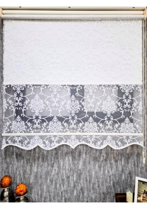 Resim Bbb Simli Damask Desenli Çift Mekanizmalı Tül Stor Perde Ekru Mt1018s Ekru 