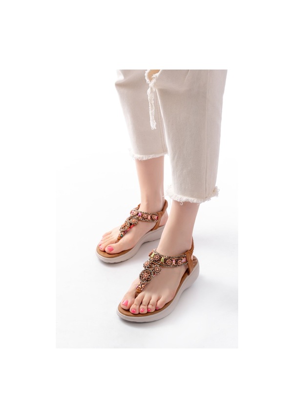 Resim Dm-609 Taba Taşlı Arka Lastikli Parmak Arası Kadın Sandalet Altın - Taba 