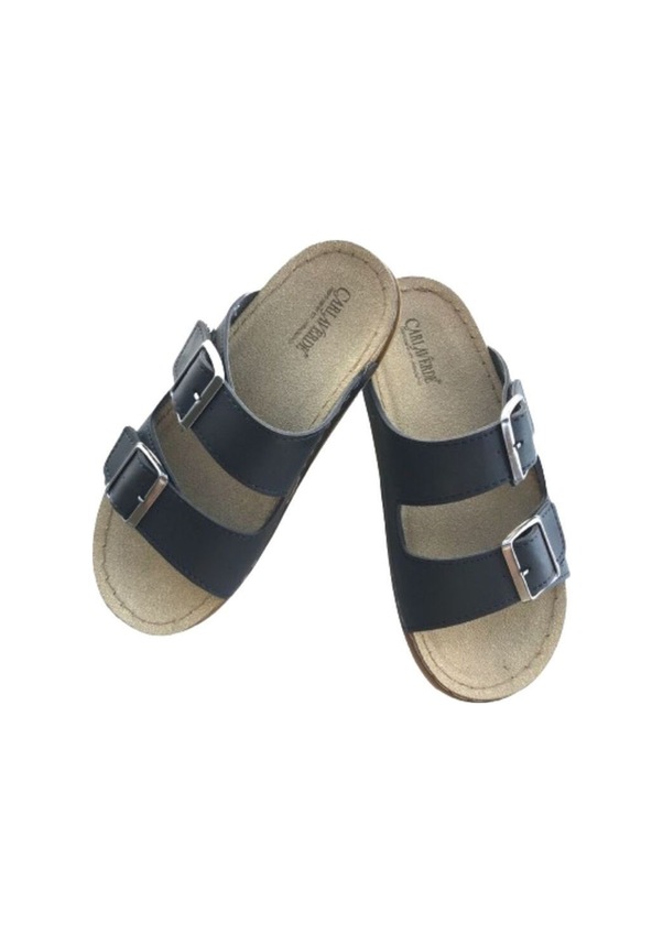 Resim Kadın Anatomik Deri Çift Bantlı Terlik Siyah 