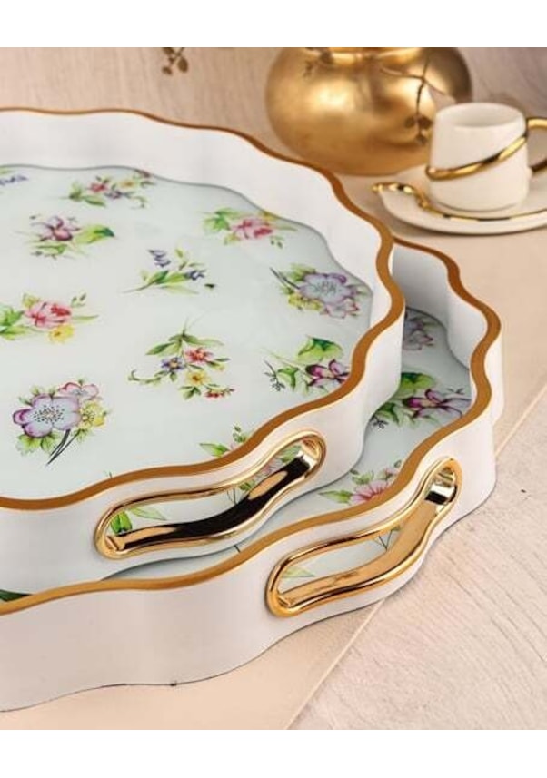 Resim Royal Charme Sarissa 2 Li Dekoratif Tepsi 36 & 40 Cm Yaldızlı Eskitme Kahverengi 